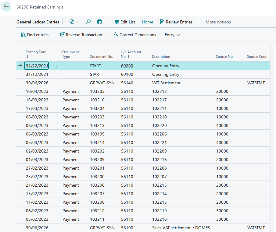 Business Central general ledger entries