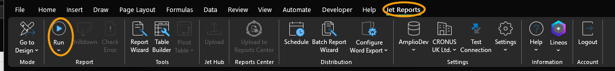 Excel ribbon showing the Jet Reports tab selected, with Run, Report Wizard, Table Builder and Browser buttons.