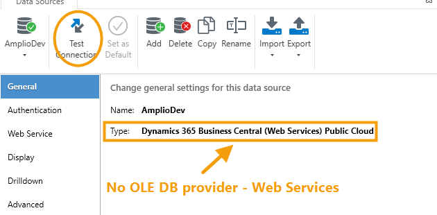 Jet Data Source Settings dialog with Test Connection highlighted and the connection type showing Dynamics 365 Business Central Web Services Public Cloud.